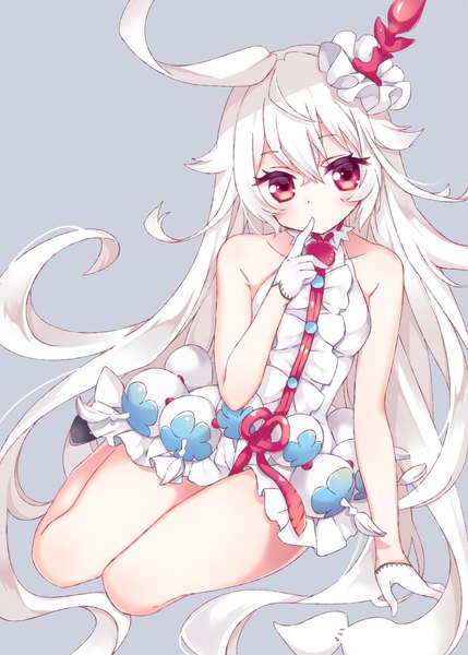 Anime picture 680x951 with last period choko (last period) mitsuba choco single tall image looking at viewer blush fringe simple background hair between eyes red eyes sitting bare shoulders white hair very long hair grey background finger to mouth messy hair girl dress