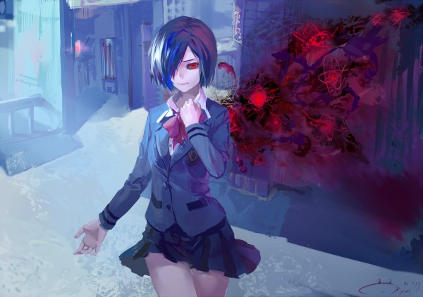 Anime picture 1200x845 with tokyo ghoul studio pierrot kirishima touka liyou-ryon single looking at viewer fringe short hair black hair red eyes signed hair over one eye hand on chest spoilers black sclera single wing girl skirt ribbon (ribbons) shirt