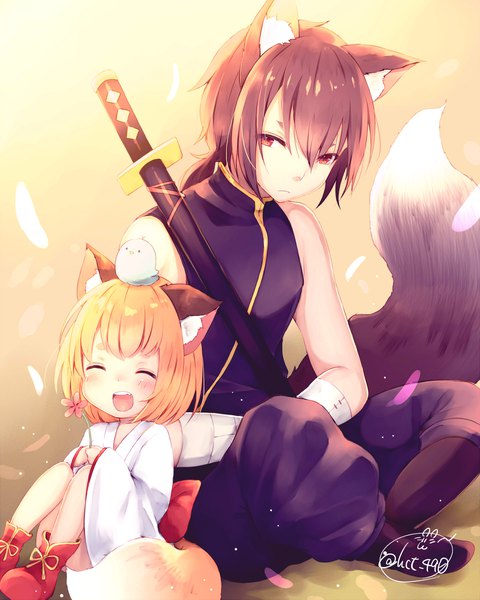 Anime picture 1599x2000 with original chita (ketchup) tall image blush fringe short hair open mouth smile red eyes brown hair sitting bare shoulders signed animal ears looking away full body bent knee (knees) tail eyes closed traditional clothes