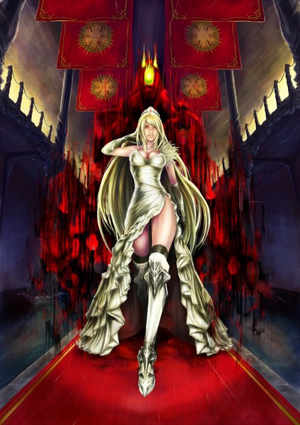 Anime picture 1446x2045 with nakacha single long hair tall image breasts blonde hair smile red eyes bare shoulders cleavage girl dress gloves hair ornament elbow gloves boots