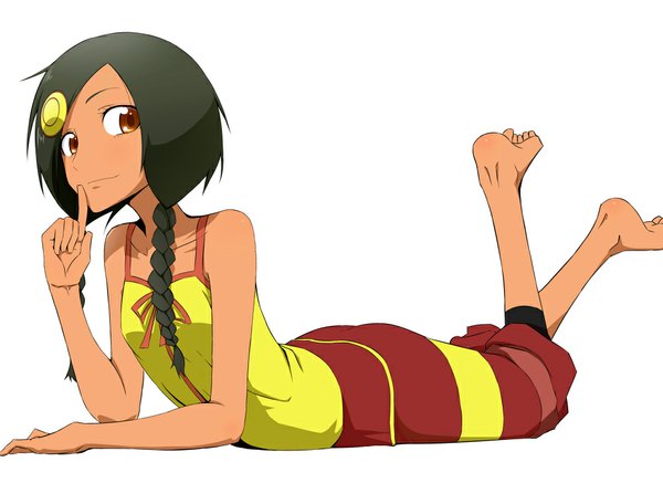 Anime picture 1000x761 with aquarion (series) aquarion evol satelight sazanka bianca long hair black hair simple background red eyes white background bare shoulders lying barefoot light smile single braid finger to mouth girl