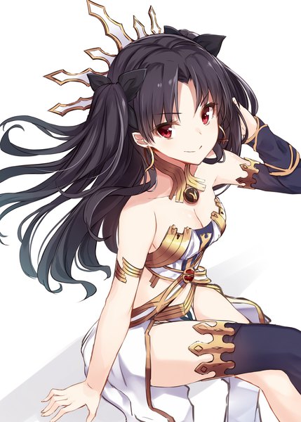 Anime picture 1072x1500 with fate (series) fate/grand order ishtar (fate) takehana note single long hair tall image light erotic black hair simple background smile red eyes white background sitting looking away arm support two side up crossed legs floating hair adjusting hair