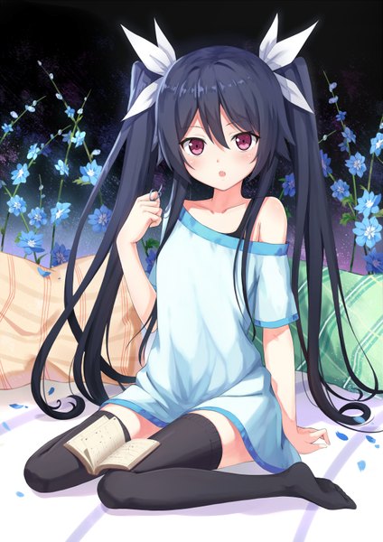 Anime picture 1200x1697 with ore twintail ni narimasu production ims tsube aika hagi (ame hagi) single long hair tall image looking at viewer blush open mouth black hair red eyes sitting twintails wariza girl flower (flowers) bow hair bow petals