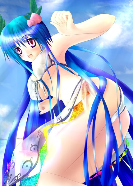 Anime picture 2500x3500 with garyljq single long hair tall image highres open mouth light erotic red eyes blue hair ass legs girl hair ornament swimsuit bikini