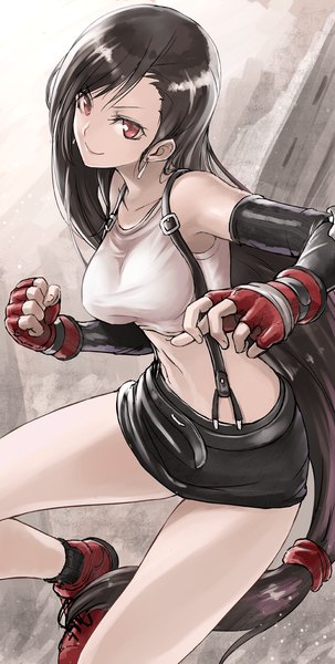 Anime picture 781x1547 with final fantasy final fantasy vii square enix tifa lockhart tea (nakenashi) single tall image looking at viewer black hair brown eyes very long hair midriff fighting stance girl skirt gloves navel earrings miniskirt shoes