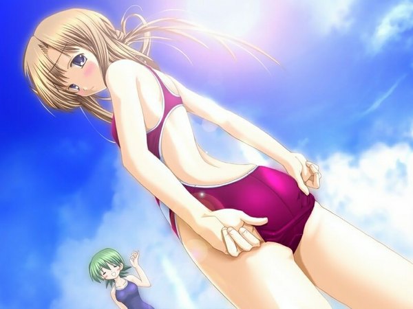 Anime picture 1024x768 with blue eyes brown hair looking back green hair back adjusting swimsuit swimsuit