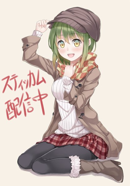 Anime picture 699x1000 with original ray-akila single tall image looking at viewer blush short hair open mouth yellow eyes green hair girl jacket boots scarf cap