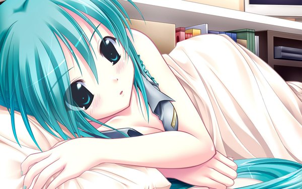 Anime picture 1920x1200 with vocaloid hatsune miku amino kohaku blush highres blue eyes wide image blue hair girl bed