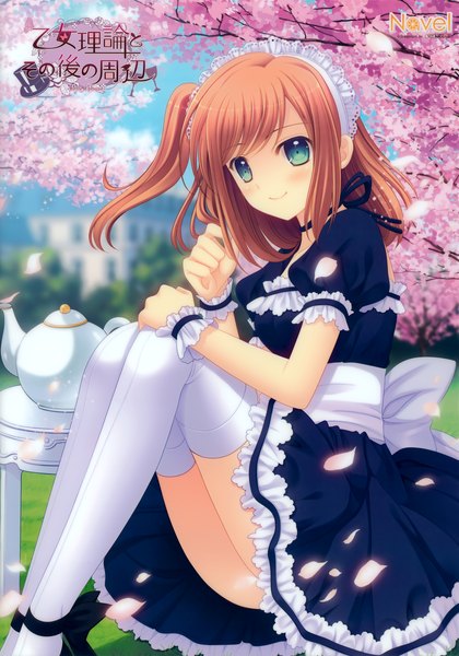 Anime picture 4061x5804 with otome riron to sono shuuhen bluette nicolette planquette nishimata aoi single tall image blush highres short hair blue eyes light erotic smile brown hair absurdres maid one side up cherry blossoms girl thighhighs uniform petals