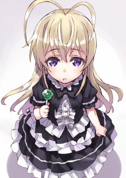 Anime picture 850x1200 with to aru kagaku no railgun j.c. staff febri matsuryuu single long hair tall image looking at viewer blush blonde hair simple background purple eyes holding ahoge girl food frills sweets candy lollipop