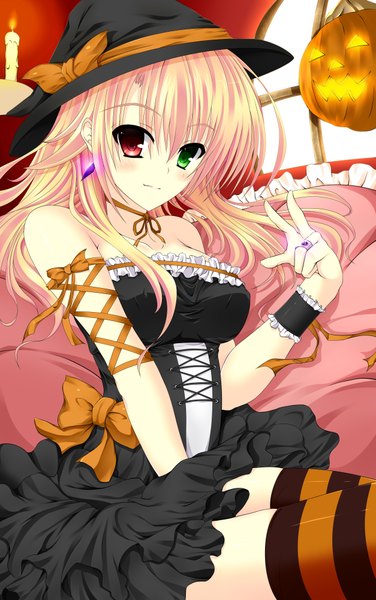 Anime picture 2507x4000 with original watanuki kaname single long hair tall image highres blonde hair absurdres heterochromia girl thighhighs dress earrings ring witch hat striped thighhighs vegetables candle (candles) pumpkin