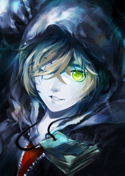 Anime picture 736x1040 with charlotte p.a. works otosaka yuu ice (805482263) single tall image fringe short hair blonde hair smile hair between eyes green eyes looking away one eye closed from above teeth dark background scar boy hood