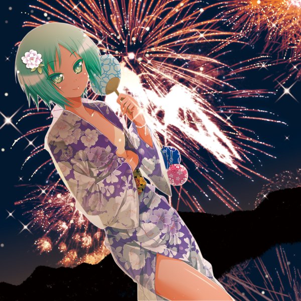 Anime picture 1200x1200 with original porurin short hair green eyes japanese clothes green hair fireworks girl kimono water yoyo