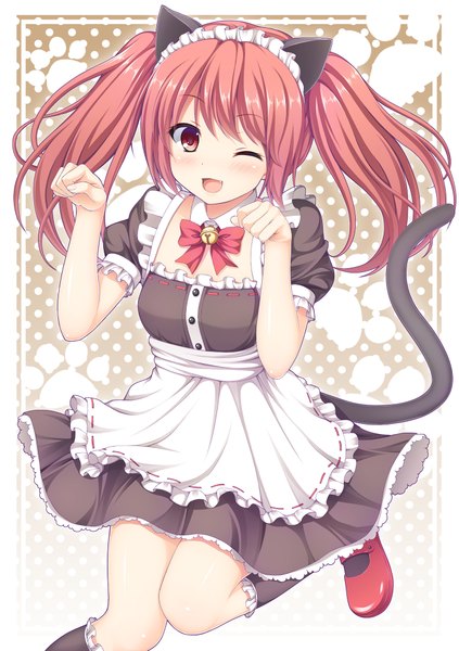 Anime picture 1378x1956 with original nakamura sumikage single long hair tall image blush open mouth red eyes twintails animal ears red hair tail animal tail one eye closed wink cat ears maid cat girl cat tail girl