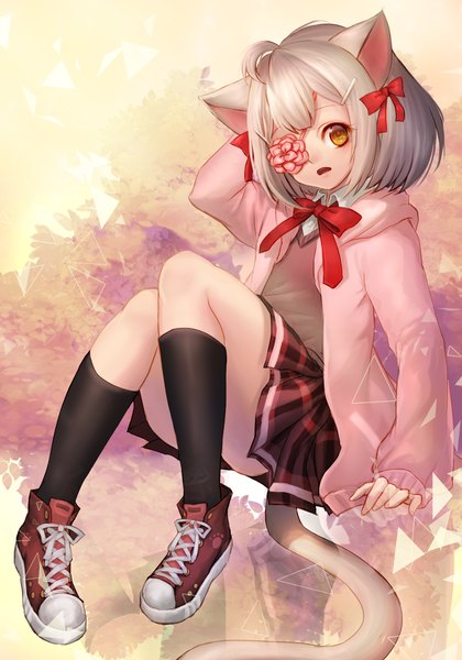Anime picture 1893x2702 with original kko single tall image looking at viewer highres short hair open mouth animal ears yellow eyes bent knee (knees) tail animal tail pleated skirt grey hair cat ears open clothes open jacket cat girl cat tail