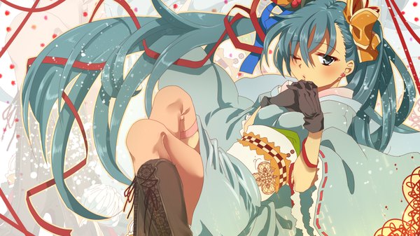 Anime picture 1920x1080 with vocaloid hatsune miku aquasnow single blush highres wide image twintails very long hair japanese clothes one eye closed aqua eyes wink aqua hair girl gloves bow ribbon (ribbons) hair bow boots