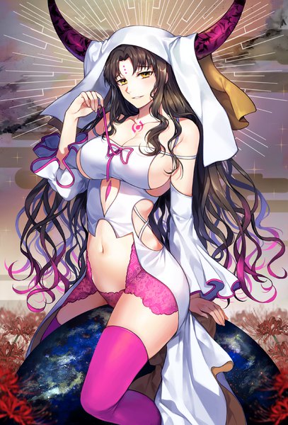 Anime picture 1200x1769 with fate (series) fate/extra fate/extra ccc sesshouin kiara gijang single long hair tall image looking at viewer blush fringe breasts light erotic brown hair large breasts sitting bare shoulders yellow eyes cleavage horn (horns)