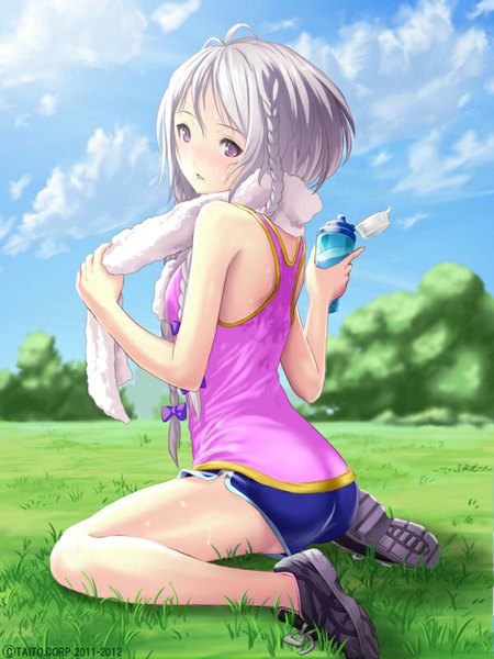 Anime picture 600x800 with ilog kajiura minori isa (pixiv id 328420) single long hair tall image blush light erotic sitting sky silver hair cloud (clouds) braid (braids) parted lips looking back twin braids wariza silver eyes towel around neck girl