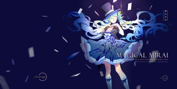 Anime picture 2000x1014 with vocaloid magical mirai (vocaloid) hatsune miku magical mirai miku magical mirai miku (2013) qiqu single fringe highres hair between eyes wide image standing twintails eyes closed very long hair aqua hair copyright name floating hair text black background