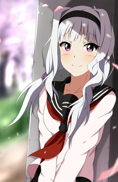 Anime picture 520x800 with idolmaster shijou takane hitotsuki nanoka single long hair tall image looking at viewer blush fringe smile standing white hair pink eyes wind sunlight cherry blossoms girl uniform plant (plants) petals