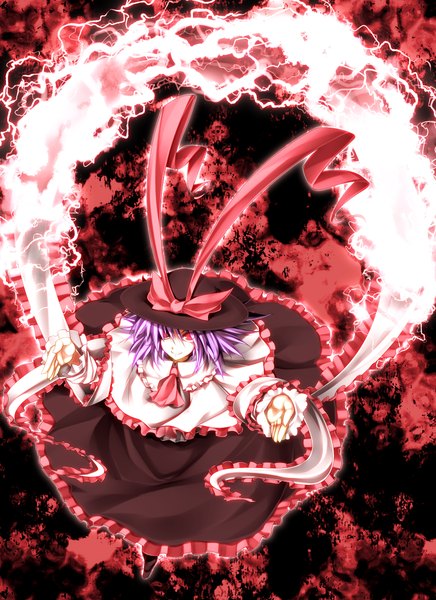 Anime picture 1600x2200 with touhou nagae iku kazetto (kazetsuto) single tall image short hair red eyes purple hair lightning electricity girl dress ribbon (ribbons) hat