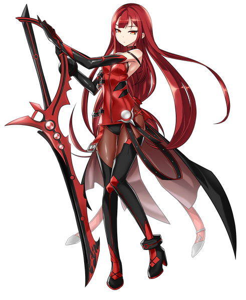 Anime picture 1678x2048 with elsword elesis (elsword) crimson avenger (elsword) ress single long hair tall image looking at viewer fringe red eyes standing bare shoulders holding yellow eyes full body red hair official art standing on one leg transparent background expressionless