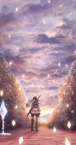 Anime picture 648x1230 with original bounin single long hair tall image brown hair standing cloud (clouds) wind from behind back glow girl weapon sword