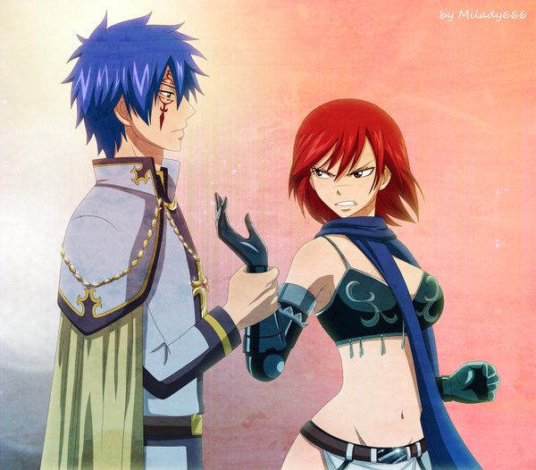 Anime picture 1600x1404 with fairy tail erza knightwalker mystogan milady666 short hair red eyes brown eyes blue hair red hair profile midriff grin light scar angry face paint girl boy navel scarf