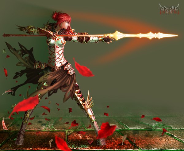 Anime picture 1236x1020 with anima wen-m single short hair standing red hair realistic warrior girl weapon earrings armor leaf (leaves) spear