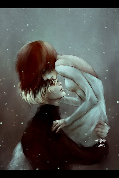 Anime picture 1000x1500 with tokyo ghoul studio pierrot kaneki ken kirishima touka sasaki haise nanfe tall image fringe short hair breasts brown hair holding signed eyes closed lips grey hair couple hug dated letterboxed