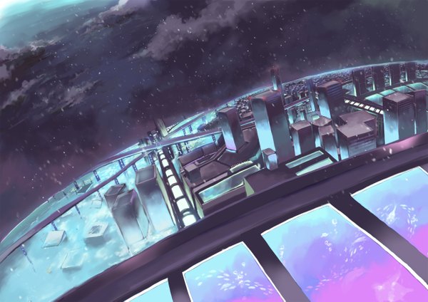 Anime picture 2500x1767 with original ha ru ao yumi highres cloud (clouds) city rain cityscape no people