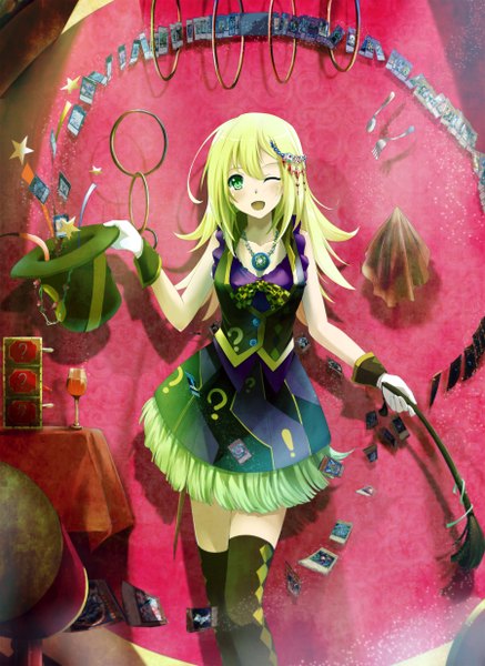 Anime picture 1800x2468 with original kyaro (kyaro54) single long hair tall image looking at viewer blush highres open mouth blonde hair green eyes one eye closed wink girl thighhighs dress black thighhighs hat card (cards)