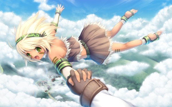 Anime picture 1440x900 with seirei tenshou christo pu hitomaru short hair open mouth wide image green eyes game cg sky cloud (clouds) white hair girl skirt miniskirt