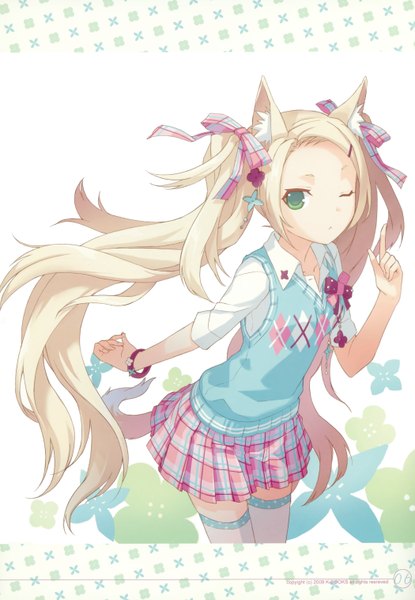 Anime picture 2098x3031 with original blonde blossom (artbook) h2so4 single long hair tall image highres blonde hair standing twintails animal ears tail animal tail pleated skirt one eye closed aqua eyes wink scan fox ears fox tail