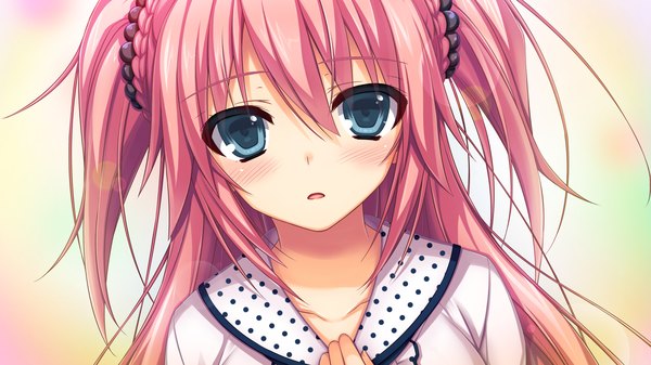 Anime picture 2560x1440 with reminiscence re hasegawa ren tomose shunsaku single long hair looking at viewer blush highres open mouth blue eyes wide image white background pink hair game cg two side up girl