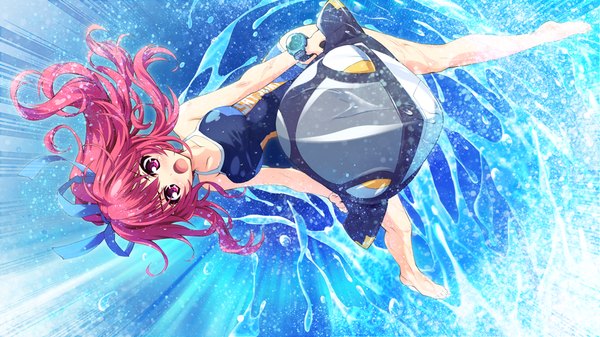 Anime picture 1024x576 with sensui-bu! single long hair looking at viewer blush open mouth light erotic wide image purple eyes pink hair game cg girl ribbon (ribbons) swimsuit hair ribbon water