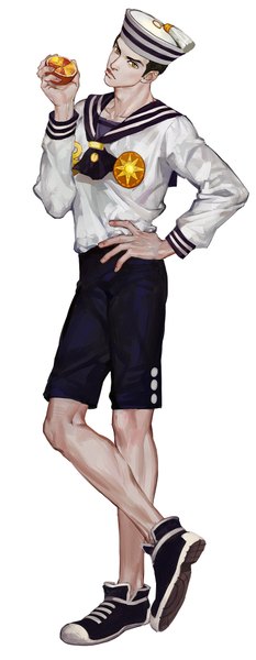 Anime picture 800x2060 with jojo no kimyou na bouken jojolion higashikata jousuke (jojolion) emg (christain) single tall image looking at viewer short hair black hair simple background white background yellow eyes bent knee (knees) hand on hip crossed legs standing on one leg frown boy hat shoes