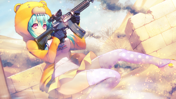 Anime picture 1280x720 with tokyo necro nitroplus hougyou ilia oosaki shinya single looking at viewer wide image blue hair game cg pink eyes girl thighhighs gloves weapon white thighhighs black gloves gun hood assault rifle