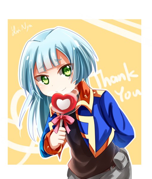 Anime picture 680x800 with yu-gi-oh! yu-gi-oh! arc-v shiunin sora tada nya single long hair tall image looking at viewer blush fringe smile holding green eyes signed blue hair leaning leaning forward arm behind back thank you boy