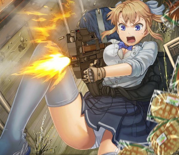 Anime picture 1153x1000 with original blonde girl (itou) itou (onsoku tassha) single highres short hair open mouth blue eyes light erotic blonde hair white hair pleated skirt sweat pantyshot clothes around waist shot girl thighhighs skirt gloves