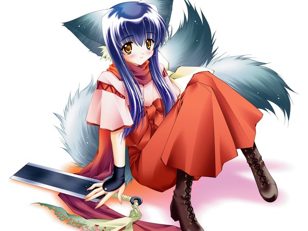 Anime picture 1600x1200 with tail tale koma (tail tale) carnelian louis&visee single animal ears yellow eyes tail japanese clothes animal tail fox ears fox tail multiple tails kitsune girl weapon sword boots youkai