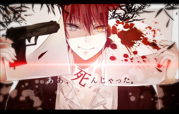 Anime picture 1200x762 with ansatsu kyoushitsu akabane karma selloum single looking at viewer fringe short hair smile hair between eyes red hair heterochromia text letterboxed shaded face open collar blood stains boy weapon gun blood