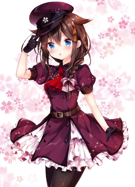 Anime picture 800x1108 with kantai collection shigure destroyer nogi takayoshi single long hair tall image looking at viewer blush fringe open mouth blue eyes simple background hair between eyes brown hair white background holding payot upper body braid (braids) arm up