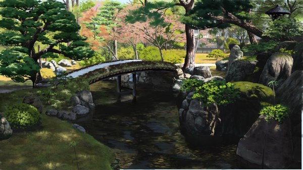 Anime picture 1920x1080 with sasaki112 highres wide image no people landscape river plant (plants) tree (trees) bridge