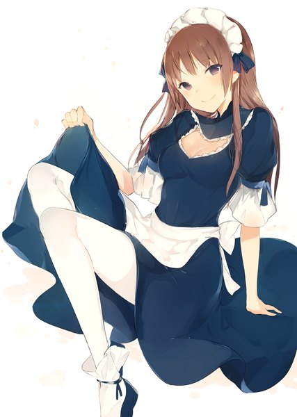 Anime picture 700x984 with original lpip single long hair tall image looking at viewer fringe breasts simple background smile brown hair white background sitting purple eyes payot cleavage head tilt arm support short sleeves maid