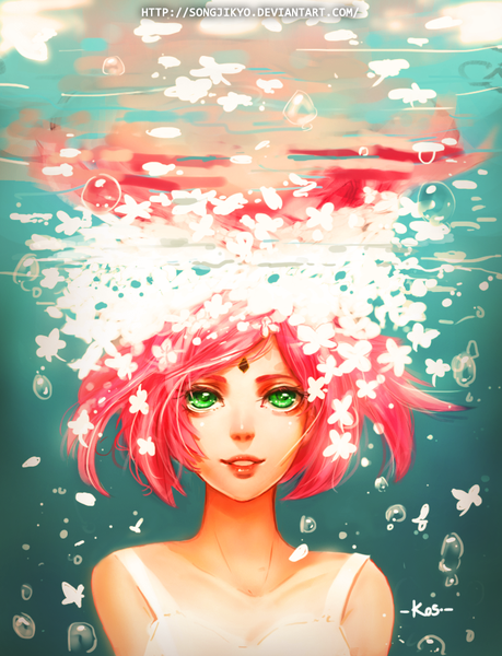 Anime picture 765x1000 with songjikyo single tall image looking at viewer short hair green eyes signed pink hair lips underwater girl flower (flowers) petals bubble (bubbles)