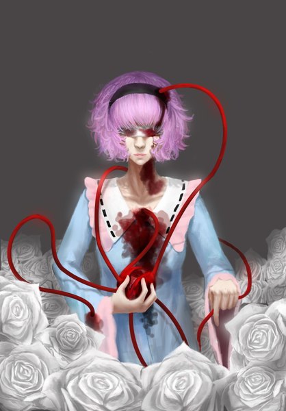 Anime picture 2312x3316 with touhou komeiji satori cmy single tall image highres short hair pink hair eyes bandage over eyes girl flower (flowers) bow hair bow heart hairband blood white rose