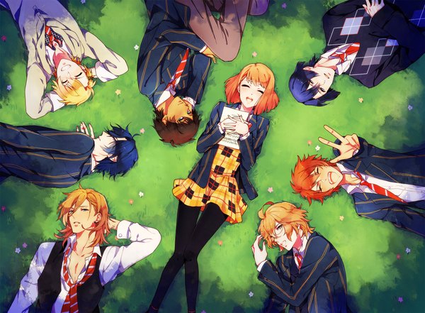 Anime picture 1852x1364 with uta no prince-sama a-1 pictures jinguji ren hijirikawa masato ichinose tokiya nanami haruka (uta no prince-sama) ittoki otoya kurusu shou shinomiya natsuki aijima cecil konnyaku yukko long hair highres short hair blonde hair smile brown hair purple eyes green eyes yellow eyes