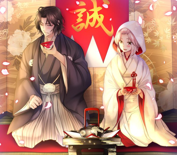 Anime picture 1337x1171 with fate (series) drifters okita souji (fate) (all) okita souji (koha-ace) hijikata toshizo (drifters) mia (gute-nacht-07) blush short hair black hair holding brown eyes white hair indoors traditional clothes parted lips japanese clothes embarrassed kneeling looking down eyebrows