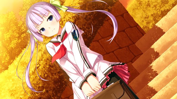 Anime picture 1280x720 with ichiban janakya dame desu ka? (game) single long hair looking at viewer blue eyes wide image twintails game cg purple hair girl uniform bow hair bow school uniform